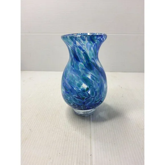 Vintage Hand Blown Blue,Teal Swirl Pattern Heavy Pedestal Bottom Vase - Picture 9 of 12